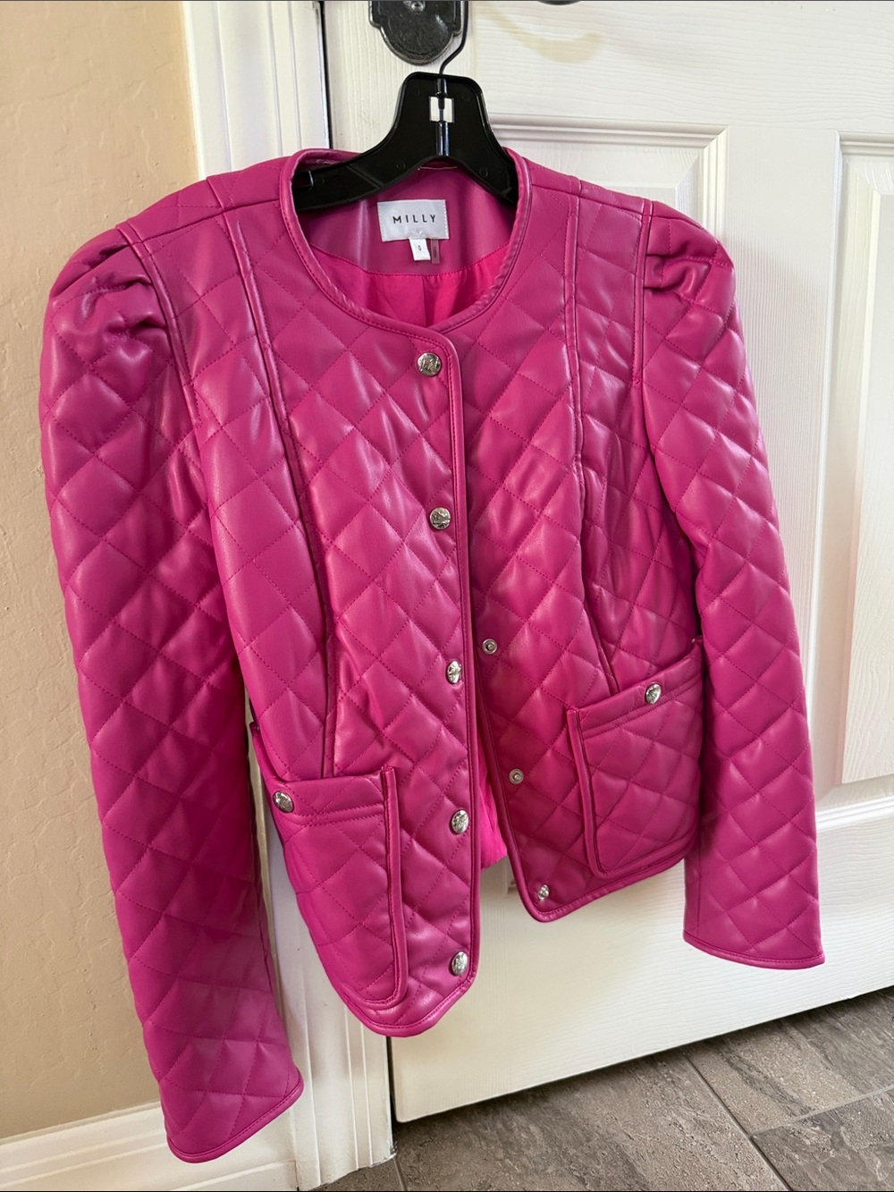 Milly Fuchsia Quilted Faux Leather Puff-Shoulder Jacket